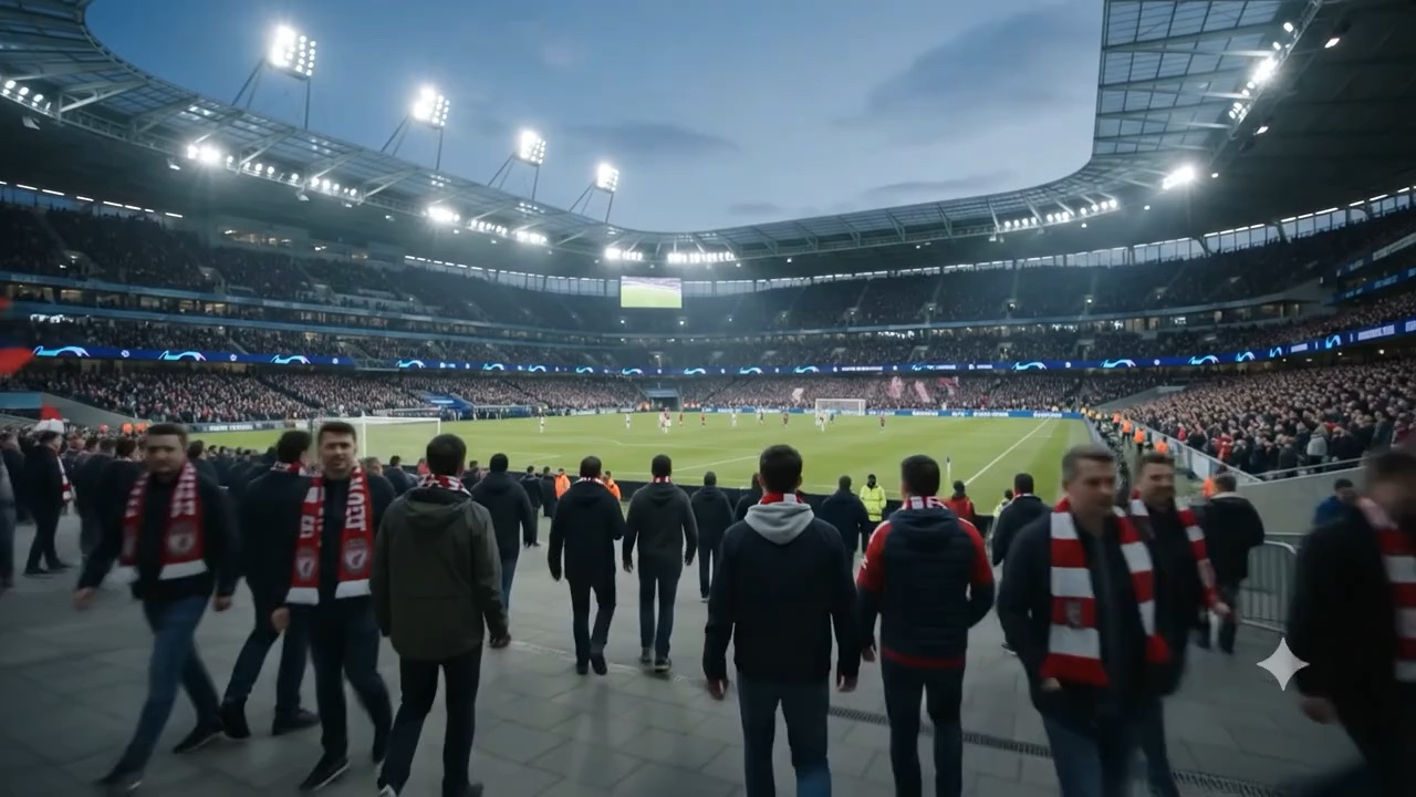 Supporters in club scarves on a stadium concourse during a floodlit match