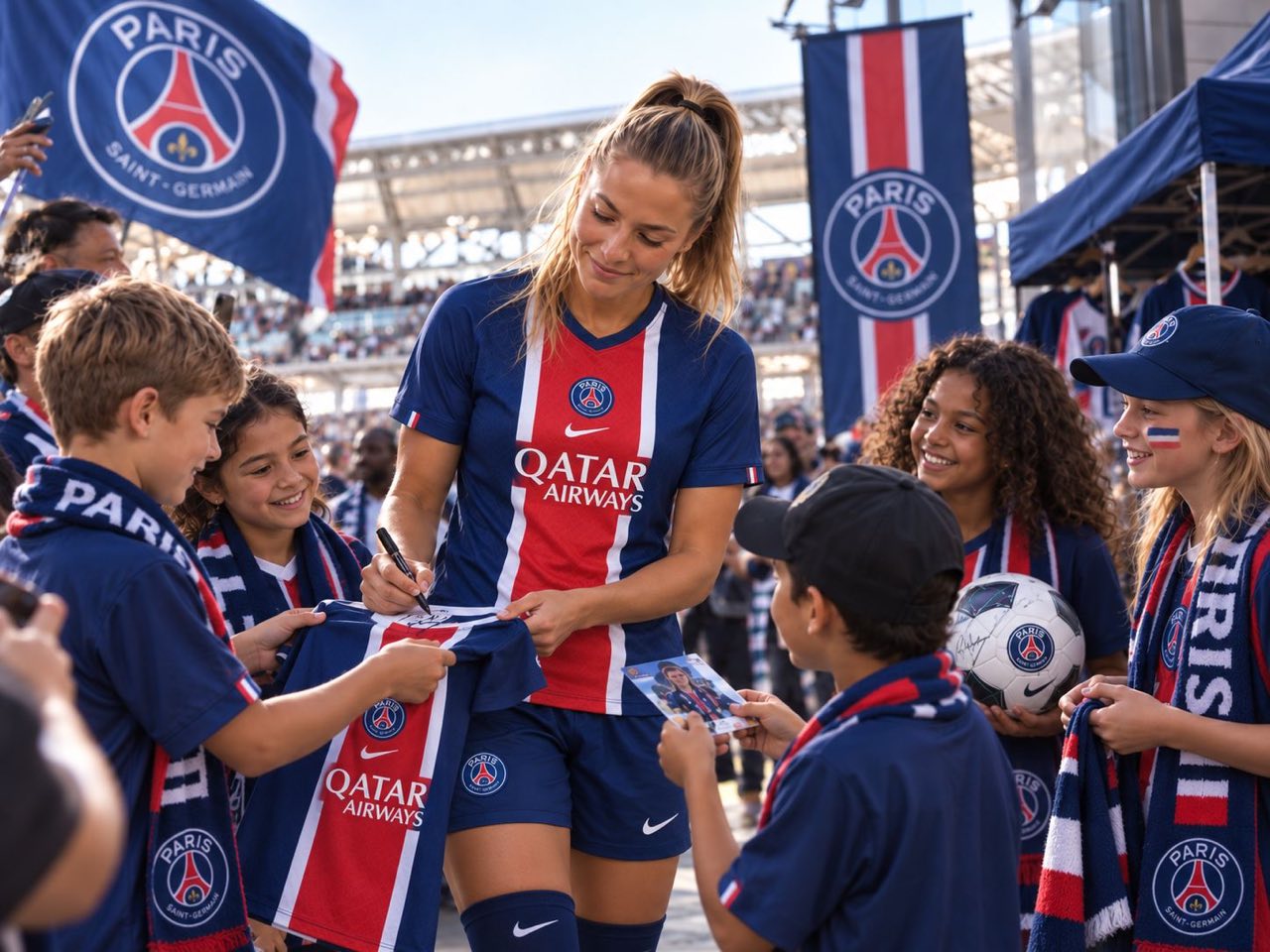 A footballer signing a shirt for young supporters at a club fan event