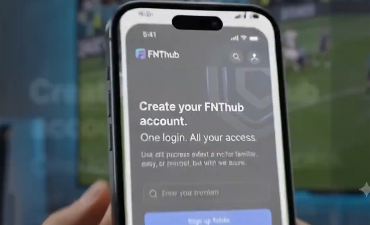 A phone showing the FNT Hub app account screen, with a match playing behind