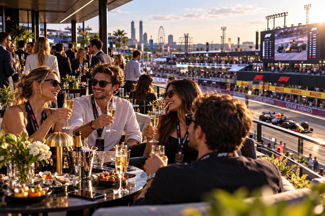 Guests in trackside hospitality raising glasses as cars pass at sunset