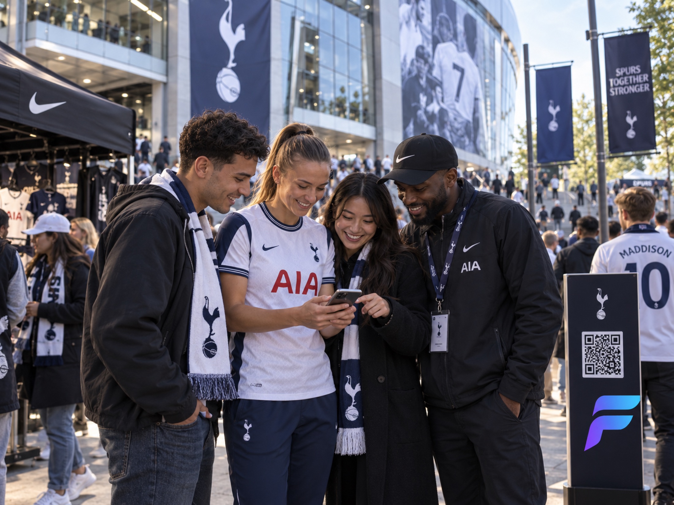 Supporters outside a stadium looking at a phone together on match day