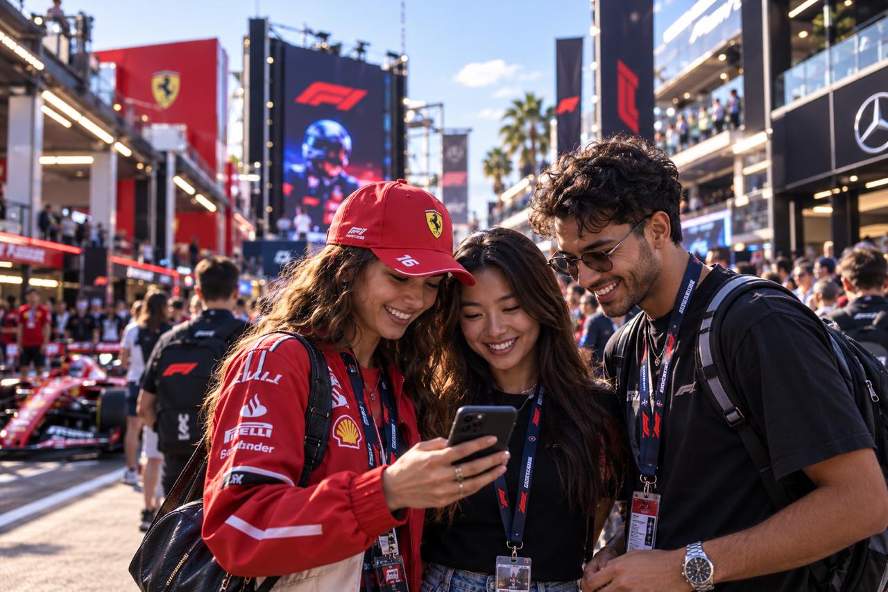Three supporters looking at a phone together in a motorsport paddock on race day