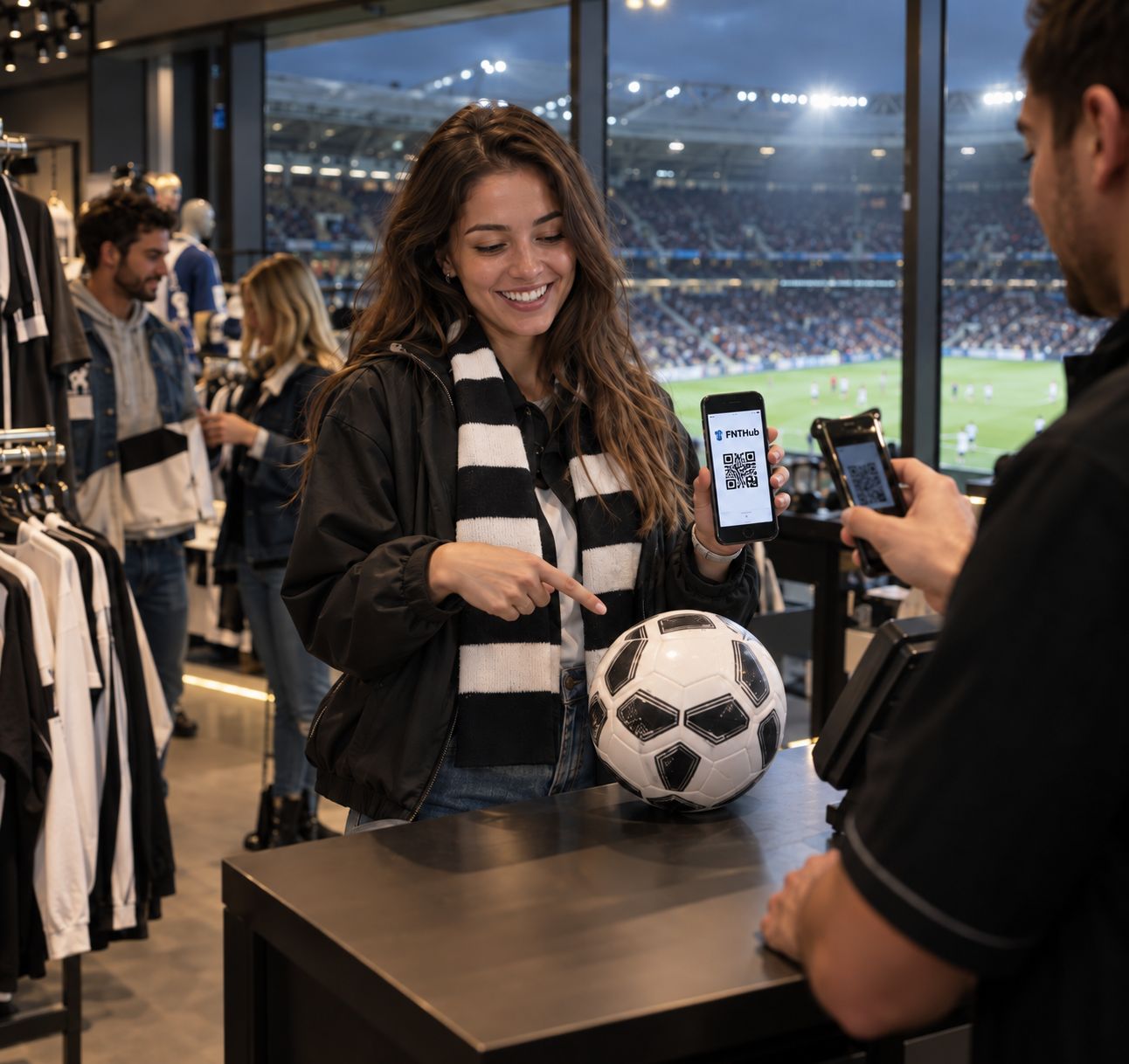 A supporter showing an FNT Hub QR code at a club store counter, the pitch visible behind
